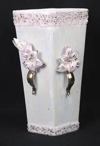 Iridescent VASE Applied Pink White & Gold Lily Flowered Ribbed & Textured 7.25"H