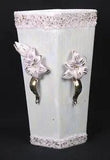 Iridescent VASE Applied Pink White & Gold Lily Flowered Ribbed & Textured 7.25"H