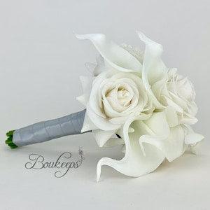 CHOOSE RIBBON COLOR - White Calla Lily and Rose Bouquet, White Bridal Bouquet, Calla Lily Bouquet, Real Touch Rose and Calla Lily, Wedding