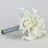 CHOOSE RIBBON COLOR - White Calla Lily and Rose Bouquet, White Bridal Bouquet, Calla Lily Bouquet, Real Touch Rose and Calla Lily, Wedding