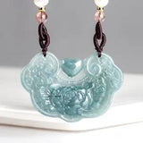 New Arrival Real Natural Jade Jadeite Lucky Peony Flower Ruyi Lock Pendant