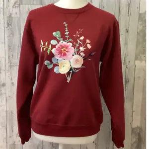 Hand Printed Small Upcycled Watercolor Flower Peony Aster Bouquet Sweatshirt