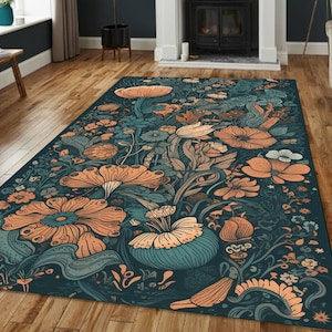 Teal Orange Plant Flower Moss Washable Rug Cute Herb Grass Nonslip Kitchen Carpet Salon Home Decor Area Accent Gift For Her Women Holiday