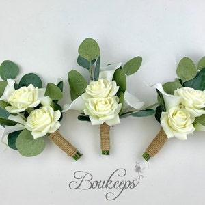 CHOOSE RIBBON COLOR - White Ivory Calla Lily and Rose Bouquet with Eucalyptus, White Calla Lily Bouquet, Eucalyptus Wedding, Greenery