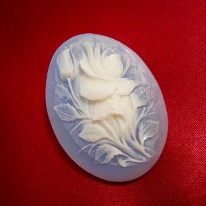 Vintage 50's Victorian Rose Cameo Brooch. White Carved Celluloid Rose Bouquet & Blue Celluloid Base, Oval Brooch.