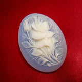 Vintage 50's Victorian Rose Cameo Brooch. White Carved Celluloid Rose Bouquet & Blue Celluloid Base, Oval Brooch.