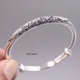 Solid Real Fine Silver Women Lucky Hollow Peony Flower Pattern Open Size Bangle