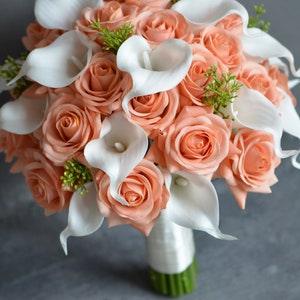 Coral Peach Bridal Bouquet, Ivory White Calla Lilies, Coral Peach Real Touch Roses, Dusty Pink Bridal Bouquet, Spring Wedding, Faux Flowers