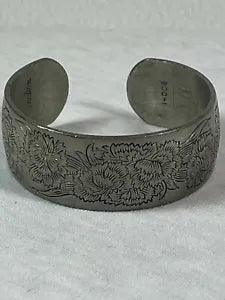 Vintage Cuff Bracelet Signed KIRK PEWTER CARNATION Embossed Flower Design 900-1