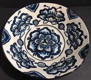Decorative Bowl Blue Hue Ceramic Peony Medallion 12" Diameter