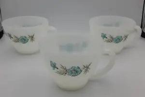 3 pc Vntg Bonnie Blue Carnation Flower Coffee / Tea Cup Fire King Oven Ware USA
