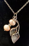 SILVER TONE Calla Lily Pendant with  2 Pink Faux Pearls & 30" Chain Necklace