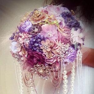 Wedding brooch bouquet Pink purple lilac bouquet Ready to ship.Rose Gold bling brides/ pearl brooch bouquet cascading bouquet enchanted.