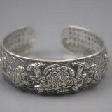 Fine Silver 999 Pure Silver Vintage Peony Flower 23mm Wider Bangle 2.4inchDia