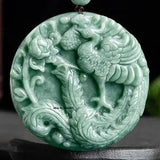 New Grade A Jade Natural Green Jadeite Lucky Peony Flower Phoenix Carved Pendant