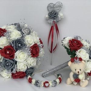 Artificial wedding bouquets flowers sets ivory red and grey heart posys