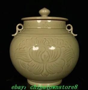 6.2" Old Chinese Song Dynasty Yue Kiln Porcelain Peony Flower Jar Pot Crock