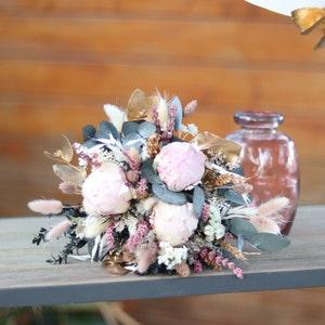 Bouquet CHAMBORD peonies and eucalyptus  in blush pink and gold, dried flower arrangement, boho chic wedding decoration in pastel and gold