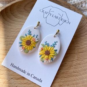 Sunflower Earrings, Polymer Clay Earrings, Vibrant Flower Earrings , Graduation Gift, Handmade Jewelry, Oval Drop, Gold