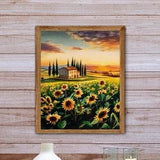 Sunflower field painting art PRINT, Rural Italy scenery artwork, Summer yellow flowers meadow art, Mediterranean kitchen print Homestead art