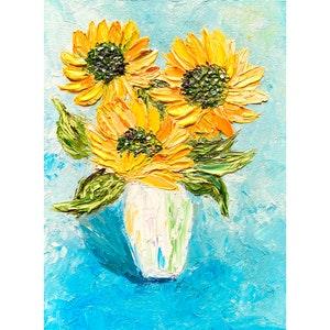 Sunflower Painting Floral Original Art impasto oil painting vase still life artwork small 8x6 canvas art botanical flowers by Irina Jouk