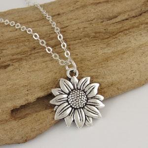 Sunflower Necklace - Silver Sunflower Charm - Antique Silver Jewelry - Sunflwer Gifts - Silver Flower Necklace