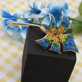 Vtg St Labre Blue Yellow Gravel Rock Rhinestone Lily Flower Gold Tone Pin Brooch
