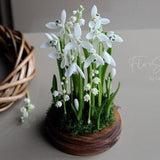 Snowdrops and lily of the valley in glass dome, Porcelain flowers, rustic floral arrangement, botanical table centerpiece, nature inspired