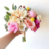 Bridal Bouquet Bright Colors Pastel Silk Wedding Bouquet, Peony Rose Chrysanthemum Eucalyptus Realistic Wedding Flowers in Pink Yellow