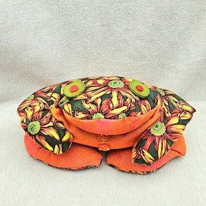 Weighted Frog Stuffed Animal Plushie with Green Flower Fabric and Orange Tummy, Featuring Shiny Olive Button Eyes, Filled with Flax Seeds
