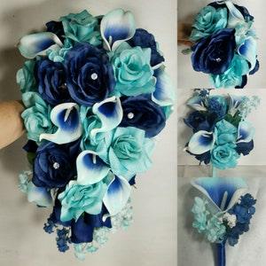 Aqua Navy Blue Rose Calla Lily Bridal Wedding Bouquet Accessories