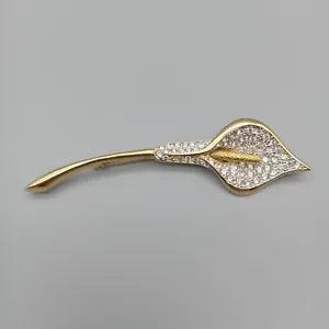 Calla Lily Brooch Pave Rhinestones Gold Tone Art Deco Nouveau Revival VTG Estate