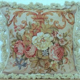 Beige Petit Point Pillow Cover | Floral Needlepoint Cushion Cover 16x16 | Rose Bouquet Pillow Cover | Vintage French Country Throw Pillow