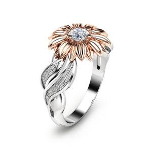 Natural Diamond Sunflower Engagement Ring 14K Two Tone Gold Flower Ring Unique Solitaire Ring Nature Inspired Ring