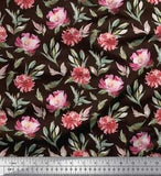 Soimoi Brown Velvet Fabric Leaves & Peony Floral Printed Fabric-RDJ