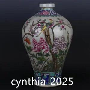 14"China Porcelain qing Guangxu Pastel Peony Flower and Bird Pattern Plum Vase