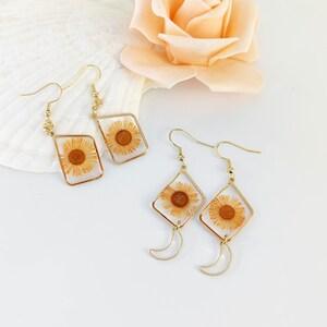 Dried Sunflower Earrings | Handmade Daisy Earrings With Moon | Pressed Flower Jewelry | Dainty Orange Earrings | Gold Resin Dangle Earrings