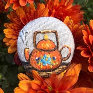 Hand Embroidered Brooch Pin - Orange Teapot, Forget-me-not design