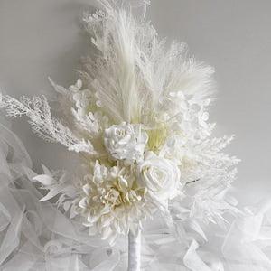Wedding Bouquet White Bridal Bouquet Hand Held Bouquets Faux Silk Dried Look Flowers Real Touch Roses Artificial Dahlia Pampas Grass Flowers