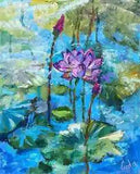 Impasto Botanical Floral Water Lilies Lotus Flower Oil Painting Canvas 30x24 in