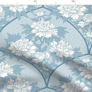 Art Deco Floral Fabric - Blue Peony by emikundesigns - Peony Bouquet Scallop Fan Large Scale Light Blue Fabric by the Yard by Spoonflower