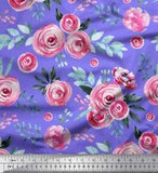 Soimoi Purple Velvet Fabric Leaves & Ranunculus Floral Print Fabric-I69
