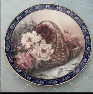 Gorgeous LENA LIU Basket Bouquets Plate PEONIES colorful gold trim #7