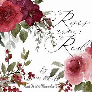 Watercolor Red Rose Bouquets Clip-art, Red Holiday Florals DIY Red Flowers. WC513