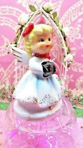 Vtg January Christmas Carnation Angel Shopper Girl W Red Hair Bow Hand Muff