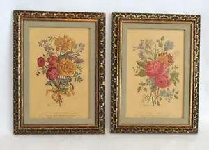 VTG PAIR Floral Boquet Framed Prints Ranunculus Rose Cornflower Poppie 19x14
