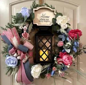 Home Where our Story Begins Lantern wreath by Taylormadecustombows 27x25x7"