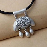Pure S990 Fine Silver Men Women Lucky Peony Flower Tassel Lock Pendant 19g