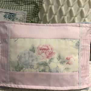 Shabby Chic Pink rose bouquet on soft yellow framed with Tommy Hilfiger stripe fabric and lace Hand made Custom  Pillow