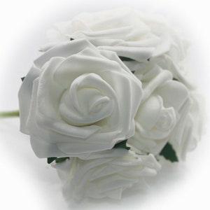 White 8CM FOAM ROSES Bunch of 6 Colourfast Artificial Wedding Bouquet Flowers WHITE